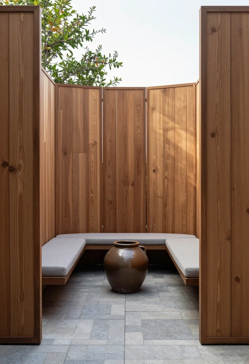 Medium, corner-angle view of a tiny garden room: a secluded reading nook defined by outdoor screens and tall planters creating partial privacy. A compact bench with a cushion faces a sculptural focal point—an oversized ceramic pot—set on pavers. A narrow trellis hints at an adjacent zone beyond, maintaining clear, unobstructed paths. Repeated materials (matching wood and stone) tie areas together. Late afternoon light creates a calm, layered ambiance.