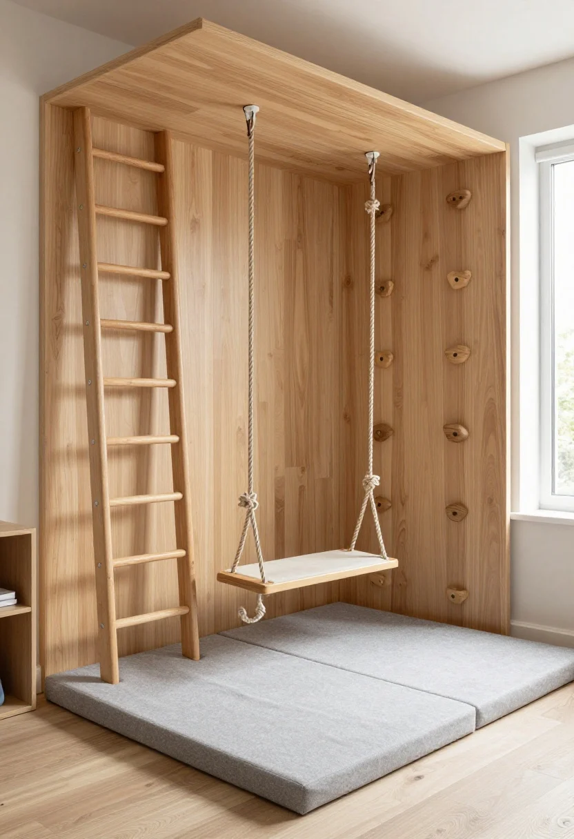 Medium corner shot: A low-key movement zone integrated into a stylish kids’ room—natural wood wall-mounted ladder, a hanging pod swing in neutral canvas with rope accents, and a few minimal climbing holds on a small section of wall; layered padded floor mats in soft gray create a safe landing; generous clearance around the features; finishes in wood and rope blend seamlessly with the decor to avoid a “gym class” vibe; warm, even lighting with slight window daylight; photorealistic, angled view to show anchoring and spacing.