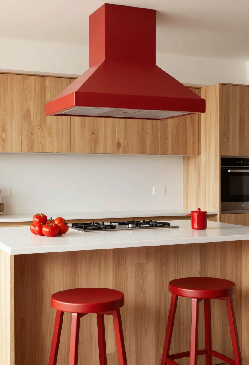 Medium, dynamic kitchen vignette showing controlled cherry tomato red pops: a muted tomato red range hood as the focal point, echoed by two tomato red island stools and a small red utensil crock on the counter; light oak cabinets and a clean white backsplash to keep the look fresh; stainless steel appliances visible; balanced lighting with soft highlights on the red surfaces; a subtle tea towel or small art print repeating the red; no people.