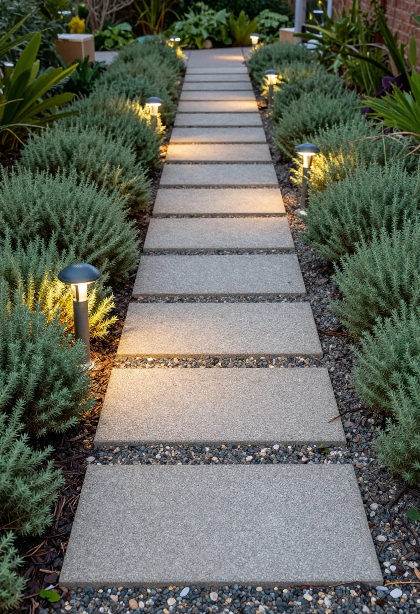 Medium, eye-level shot of a simple garden path designed for two-person width: large rectangular pavers set in crushed gravel with polymeric sand joints, flanked by low-growing creeping thyme softening the edges. Solar stake lights line the walkway every few feet, beginning to glow at golden hour. The path meanders toward a seating area, with clean, weed-free joints and a mix of traditional pavers and casual gravel for a balanced vibe.