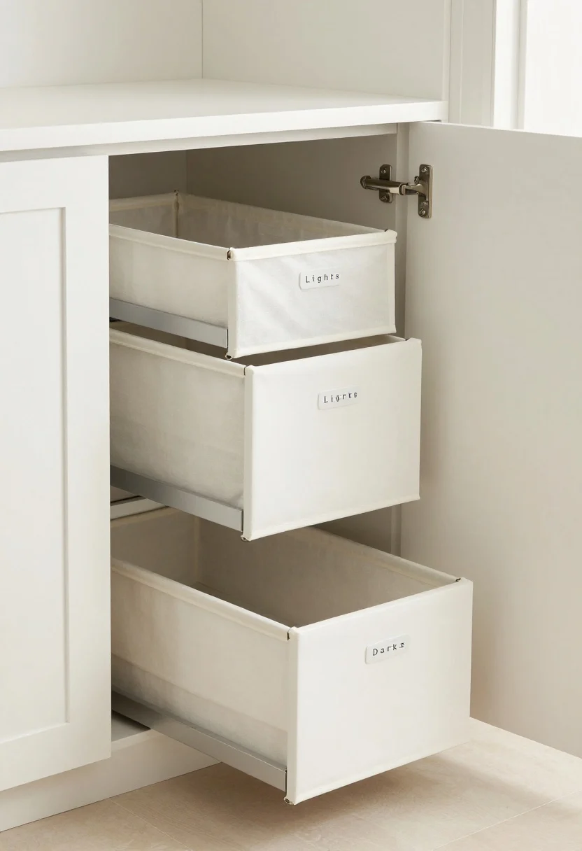 Medium shot: A built-in cabinet with three pull-out hamper drawers on smooth rails, each bin labeled Lights, Darks, Towels; breathable fabric liners visible inside the frames; a tidy toe-kick and matte cabinet fronts in warm white; brushed metal hardware; floor is light tile; side lighting adds gentle shadow to emphasize the sliding mechanics; corner angle view capturing the satisfying, space-saving sorting station.