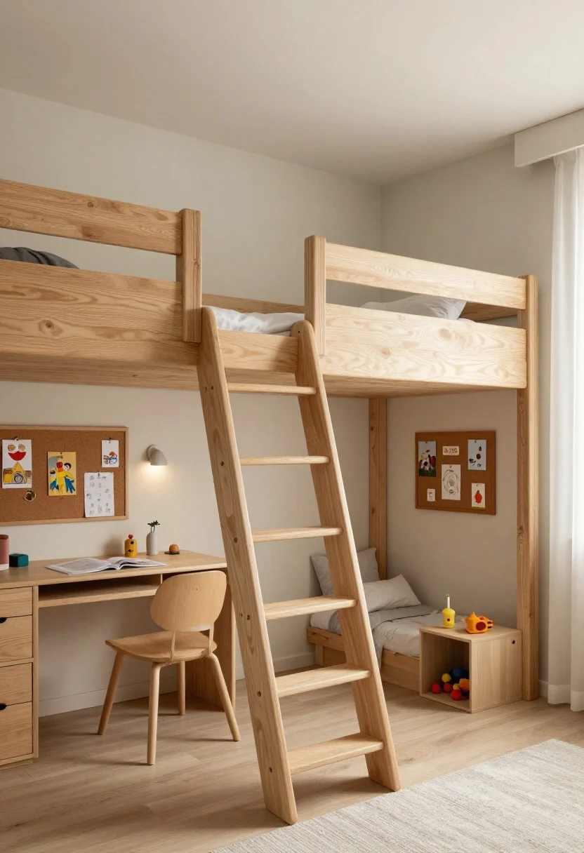 Medium shot: A modern kids’ sleep loft in natural wood with a sturdy ladder featuring anti-slip treads and a full-length guard rail; beneath the loft, a neatly zoned workstation with a small desk, a corkboard pinned with kids’ art, and cube storage for toys; matching wall sconces by each bed for layered lighting and independent reading; soft neutral walls keep the space airy; corner angle to show both upper sleep area and lower activity zone, photorealistic.