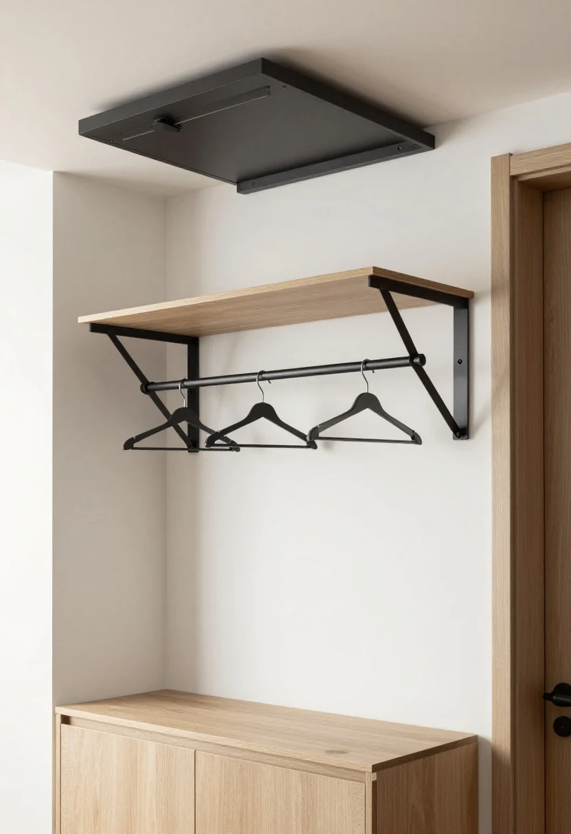 Medium shot: A wall-mounted accordion drying rack folded out above a base cabinet, with a ceiling-mounted pulley rack visible overhead; slim hangers on a tension rod installed beneath an upper shelf; airy, light-filled space with white walls, matte black hardware, and natural wood accents; no items on the floor; gentle morning light from the side casts soft shadows, emphasizing the fold-flat functionality; angled view from the doorway.