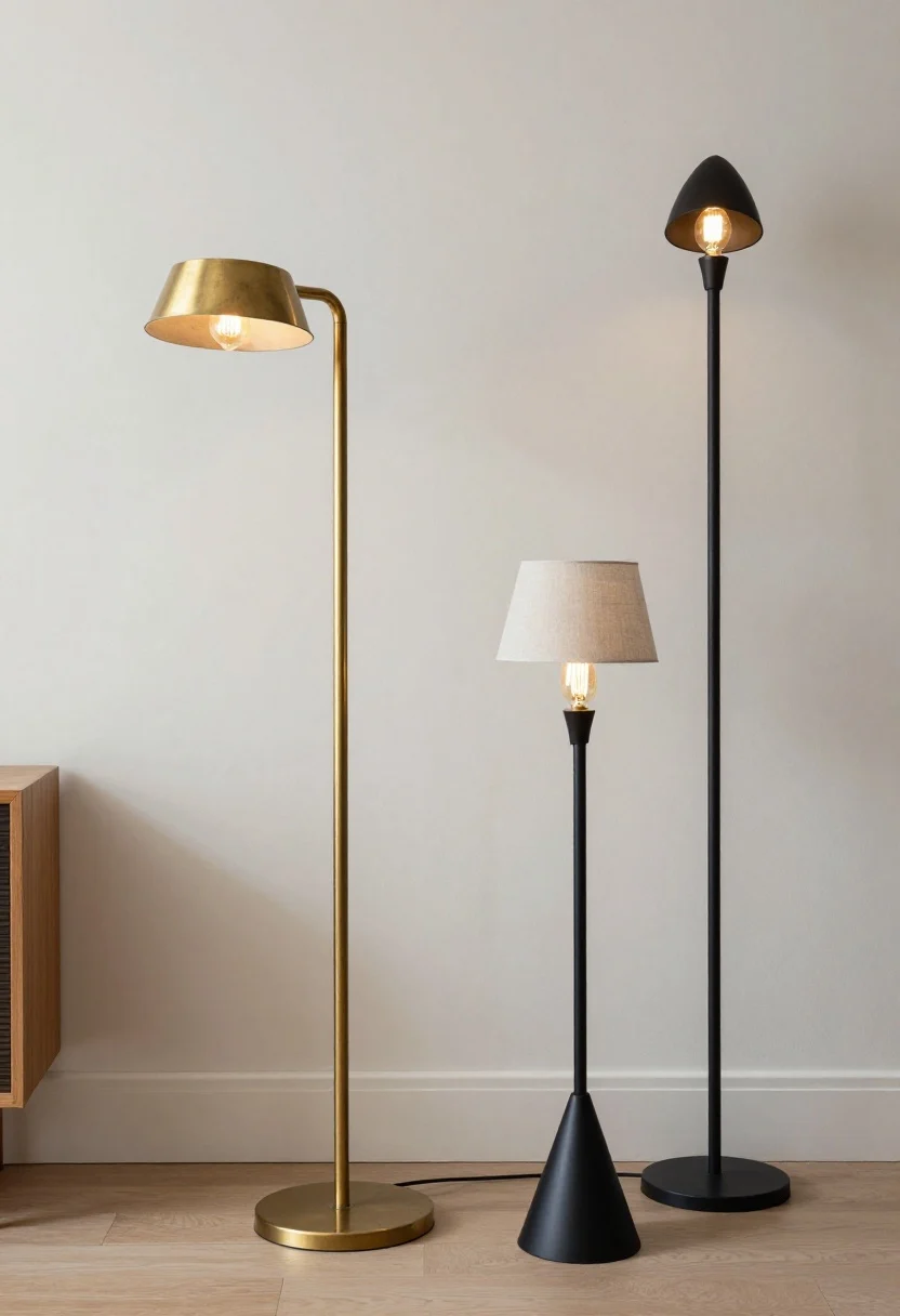 Medium shot, eye level: Statement lighting layers as jewelry—an aged brass semi-flush drum overhead, paired with a linen-shade table lamp and a matte black arched floor lamp at different heights; all bulbs warm 2700K, with a visible plug-in dimmer on one lamp. Metals are consistent (aged brass and matte black), the room glows invitingly, and the sculptural fixtures subtly anchor the scene.