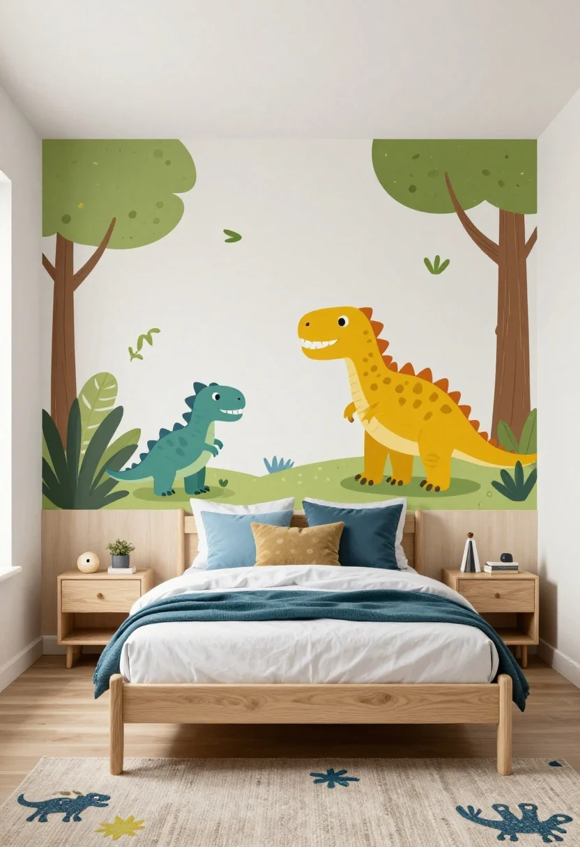 Medium shot: Flexible theme kids’ room with a neutral base—warm white walls and timeless light-wood furniture—layered with a bold, swappable theme: dinosaur bedding, playful wall decals, and a statement rug echoing 2–3 accent colors (forest green, mustard, and sky blue); one hero piece—an oversized mural-style decal above the bed—creates the wow moment; balanced 60-30-10 color feel without overcommitting; soft ambient light with a subtle bedside glow; photorealistic, straight-on view of the bed wall.