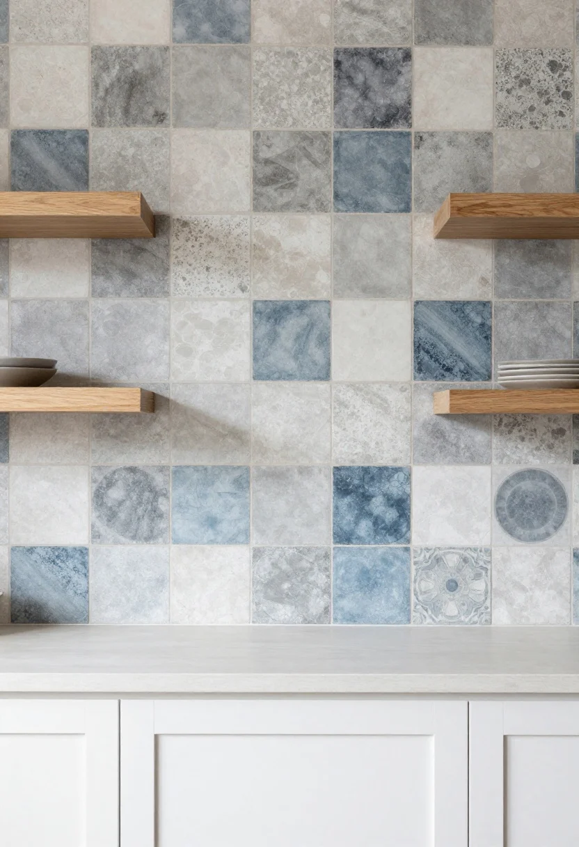 Medium shot focused on a range wall clad in patterned cement encaustic tiles with a limited palette of charcoal, soft white, and dusty blue, matte finish, tiles sealed for richer color, open oak shelves flanking the hood to frame the pattern, simple white slab-front cabinets and plain light counters to balance the bold design, diffused daylight, three-quarter angle to capture the full motif without clutter