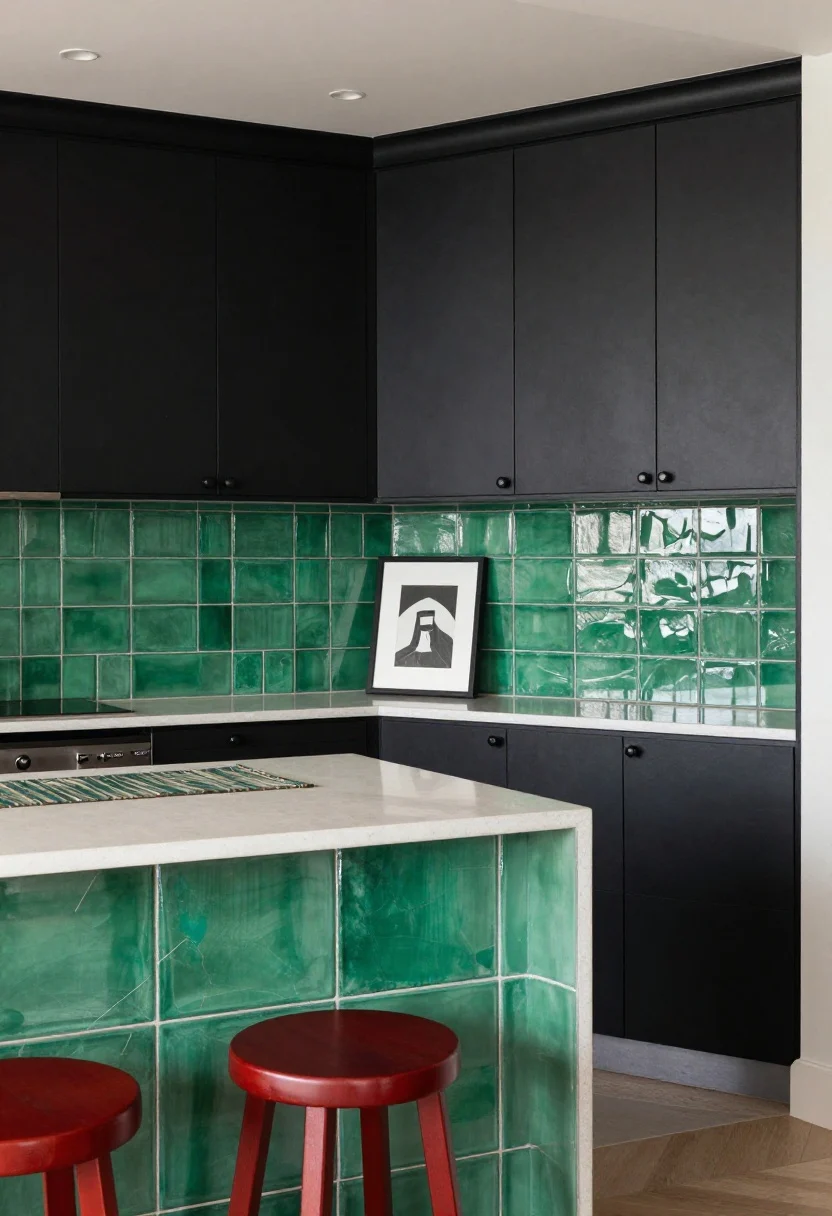 Medium shot focusing on a color-pop vignette: black base cabinets framing an emerald green zellige tile backsplash in glossy finish; a cherry-red pair of stools at a quiet, pale countertop; accent color repeated in a small framed art print and runner; glossy tiles catch light from undercabinet LEDs; overall disciplined palette with black as the backdrop.