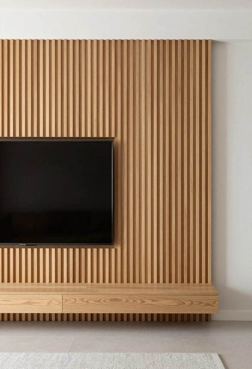 Medium shot focusing on a vertical slatted wood feature wall behind a TV: