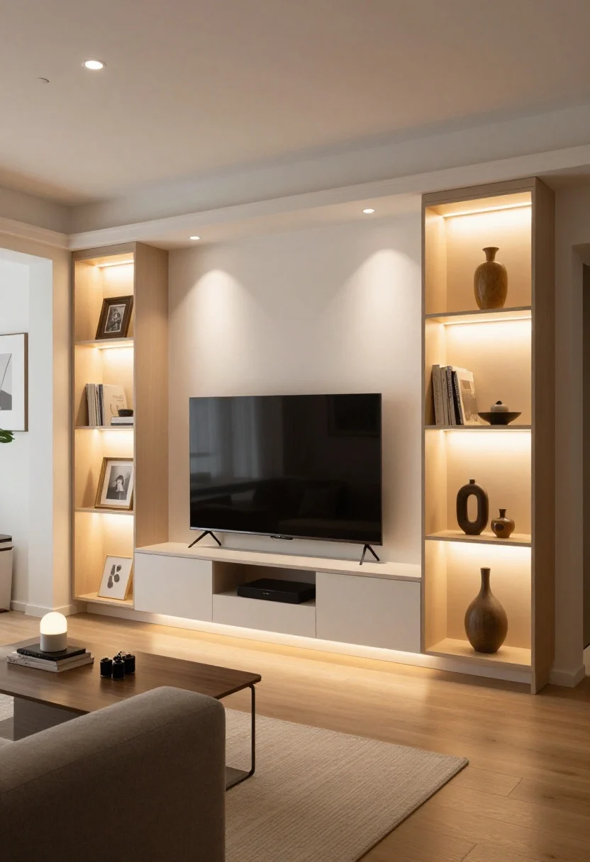 Medium shot focusing on layered lighting: recessed downlights on dimmers casting soft ambient glow; gentle LED backlighting behind the TV panel reducing eye strain; picture lights illuminating art on adjacent shelves; warm white 2700–3000K color temperature; cohesive modern media setup with balanced brightness levels, photorealistic.