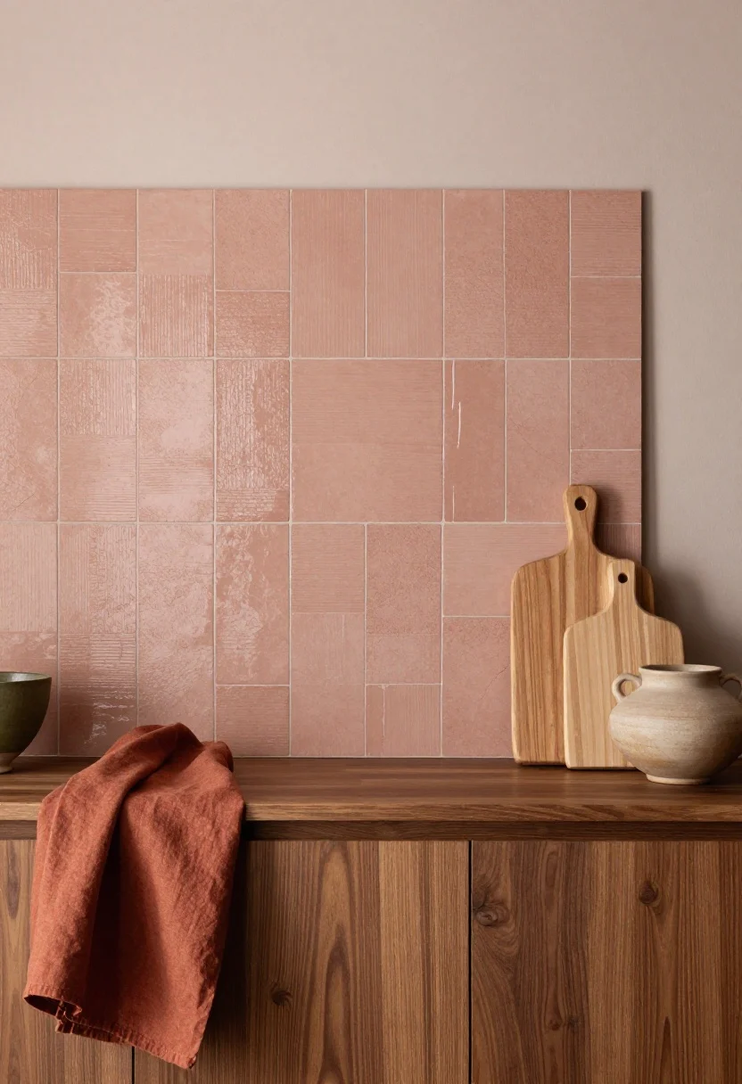 Medium shot focusing on layered warmth: walls painted a dusty blush with a terracotta zellige tile backsplash that shows handcrafted texture and color variation; walnut or oak cabinets for grounded warmth; olive and rust linen textiles (tea towels and a runner) adding subtle color; curated display of earthy pottery and wooden cutting boards; soft afternoon light grazing the zellige’s glossy surface to emphasize texture; no people.