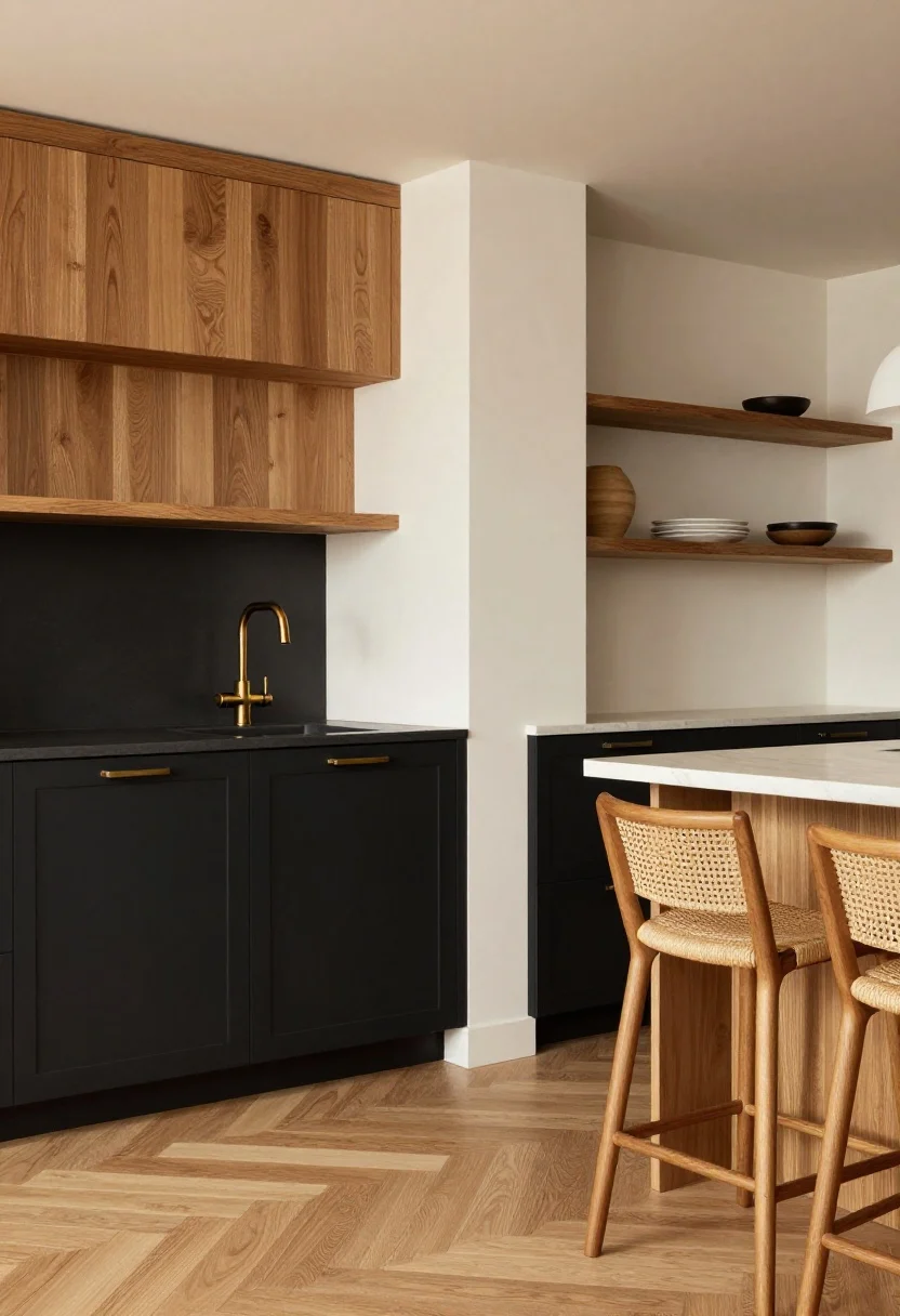 Medium shot from a corner angle showing black lower cabinets paired with natural warm wood uppers; soft oak herringbone floor, brass hardware and a warm aged-bronze faucet; open wood shelves with restrained styling; creamy white walls, woven wood barstools at a slim island; lighting is warm and soft, highlighting wood grain and the calm contrast.
