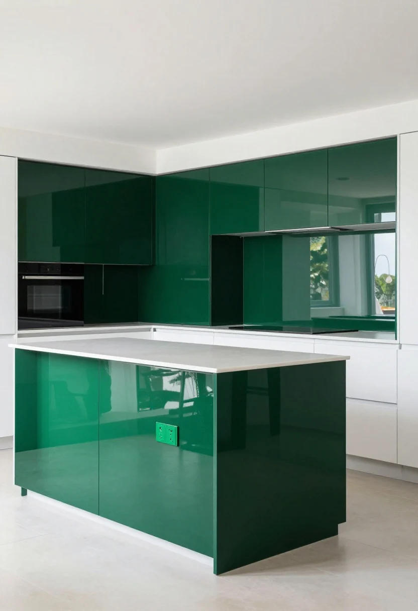 Medium shot of a back-painted glass backsplash in deep emerald green spanning counter to upper cabinets, ultra-glossy reflectivity brightening a compact galley kitchen; color-matched emerald outlet covers that virtually disappear; minimalist white quartz counters and simple white cabinets to keep counters quiet; pendant reflections visible in glass; straight-on composition for saturated, modern luxe impact