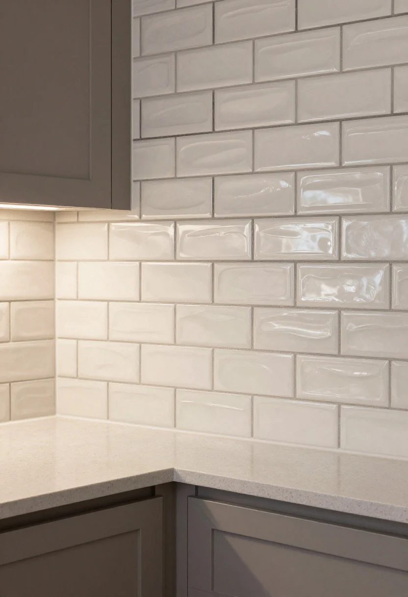 Medium shot of a backsplash wall showcasing subway tiles installed in a vertical stack layout, glossy off-white zellige-style tiles with handmade ripples and slight variation, contrasting charcoal grout making a crisp grid, finished with slim brushed metal edge trim and bullnose at the window return, warm under-cabinet lighting, pale gray quartz counters and shaker cabinets, angle from the corner to reveal tile sheen and grout geometry