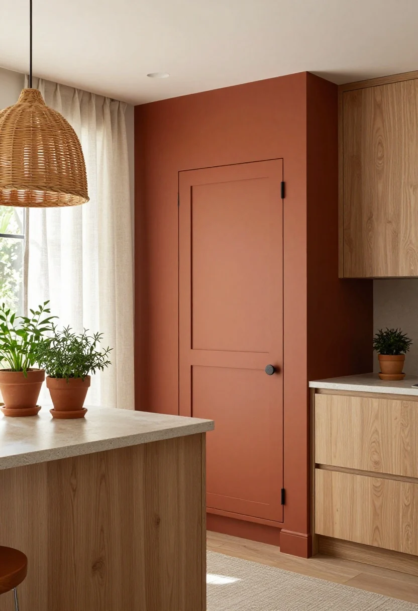 Medium shot of a bright, modern kitchen corner with a marigold-painted feature wall and a marigold pantry door; light oak base and wall cabinets kept natural or white; rattan pendant lights over a stone or concrete-look countertop; linen café curtains filtering daylight; terra-cotta and ceramic planters with herbs on the counter; neutral rug partially visible; color temperature balanced for daylight to show true marigold tone; no people.