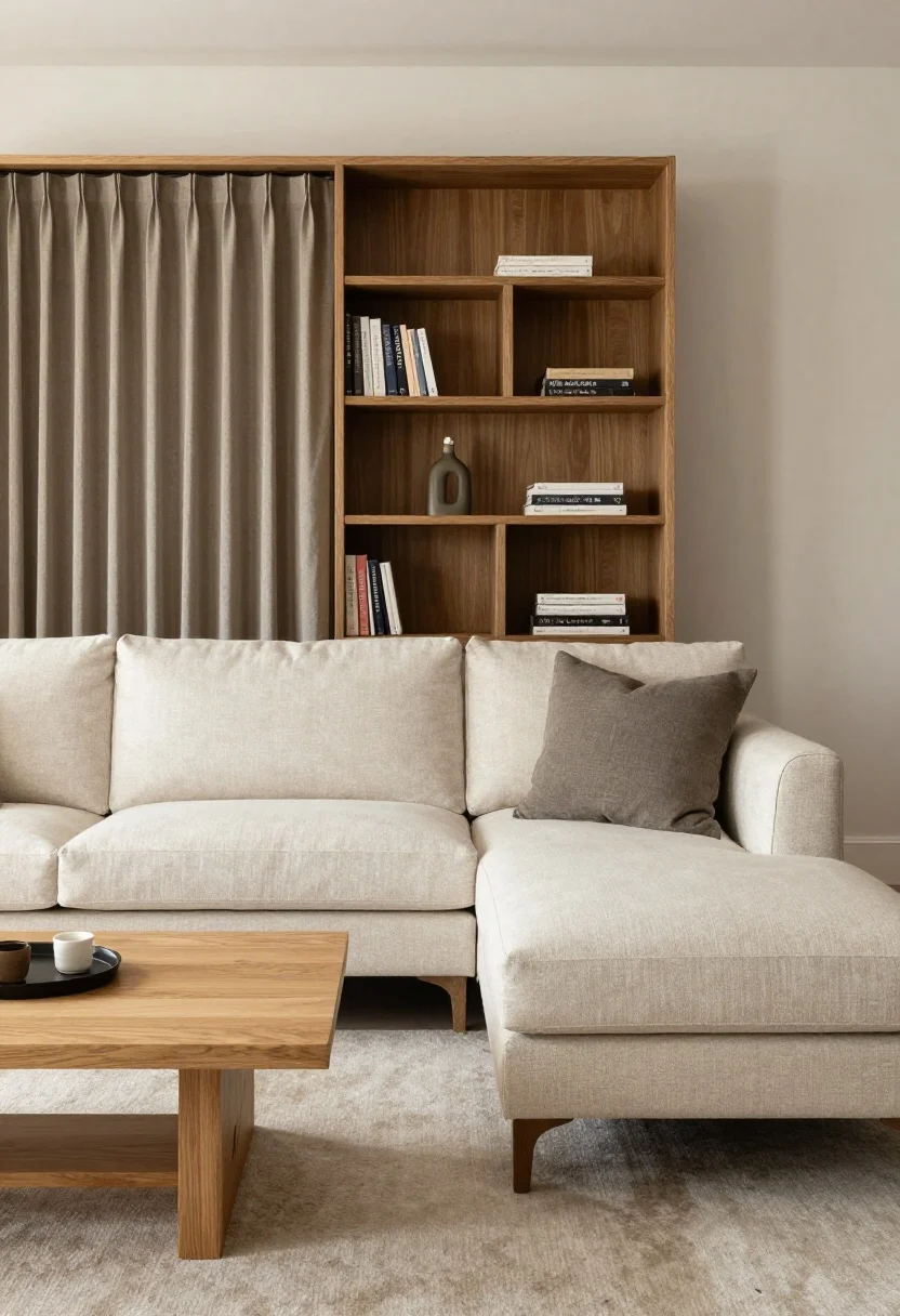 Medium shot of a chaise sofa used as a gentle peninsula: the chaise extends into the room with an 18-inch gap to a light oak nesting coffee table; sightlines from the entry remain clear; opposite the chaise, a tall bookcase and a drapery panel balance visual weight; neutral textiles, soft daylight, inviting circulation path visible, corner perspective