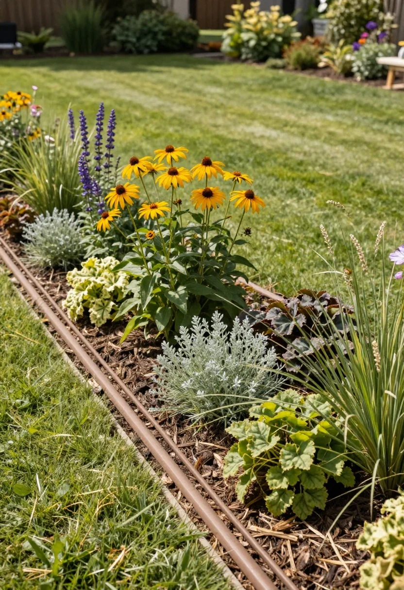 Medium shot of a climate-smart planting bed: a mulched, drip-irrigated border showcasing native and drought-tolerant species grouped by water needs (hydrozones). Sun-loving coneflowers, penstemon, and yarrow occupy the hot zone; a slightly shadier section holds native grasses and heuchera. Visible brown drip lines discreetly run under the mulch. Warm afternoon sunlight, minimal lawn, pollinator-friendly blooms, and tidy 2–3 inches of mulch.