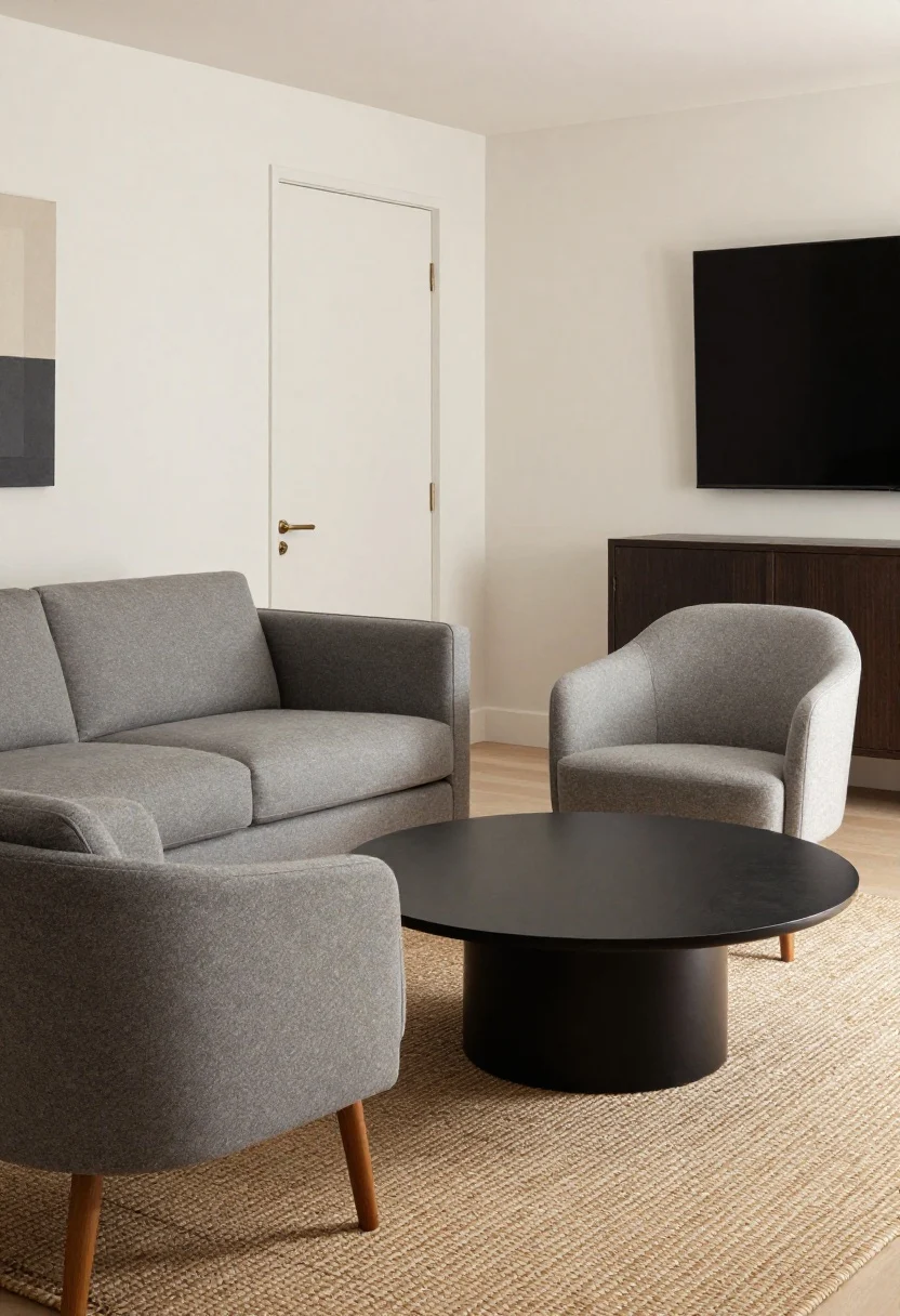Medium shot of a conversation zone: a soft gray sofa angled slightly toward two armless accent chairs with exposed wooden legs, all gathered around a round matte-black coffee table on a natural jute rug; clear 30–36 inch walkways visible around the grouping; a swiveling accent chair turned slightly; visual lightness with slim arms, warm ambient light, three-quarter view showing flow and intimacy, TV de-emphasized in background