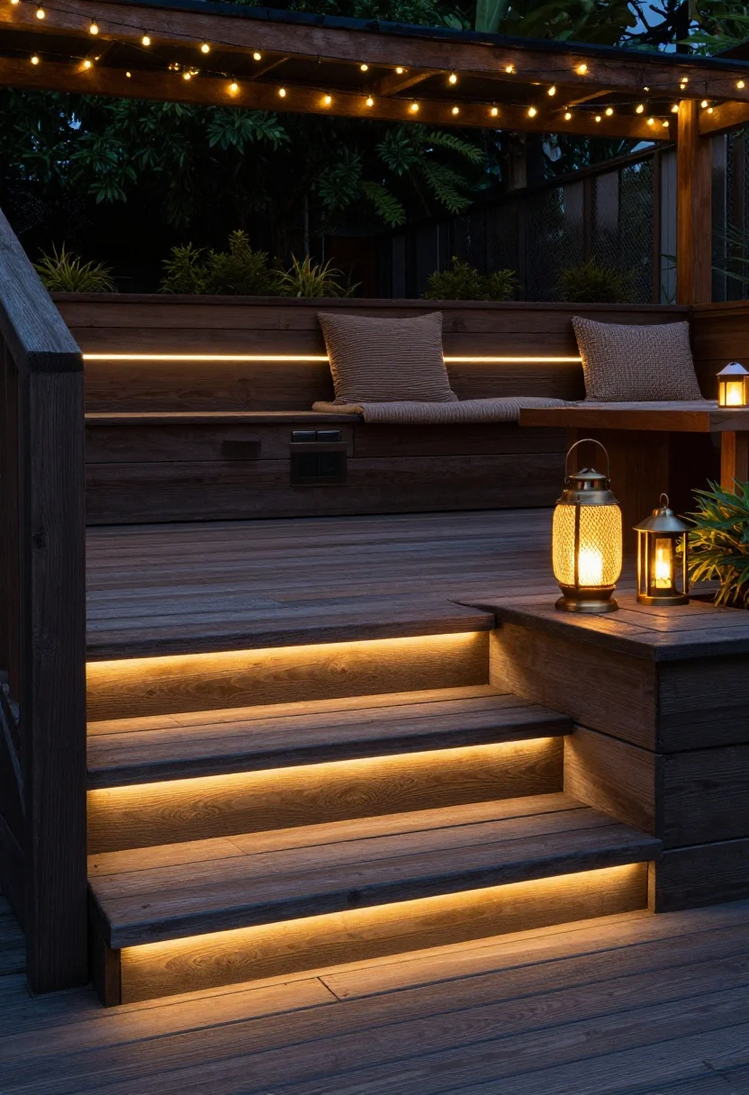Medium shot of a cozy deck seating zone at night: under-rail LED strips hidden beneath a dark wood deck railing casting a soft glow, tiny step lights embedded in stair risers illuminating treads without glare, and a cluster of warm rechargeable lanterns on a low table; optional soft overhead string lights draped high for layered magic; focus on concealment of fixtures under rails and stair lips; materials: weathered timber, bronze fixtures, woven outdoor textiles; warm, flattering light; perspective: corner angle capturing steps, bench seating, and lantern cluster, no people, photorealistic.