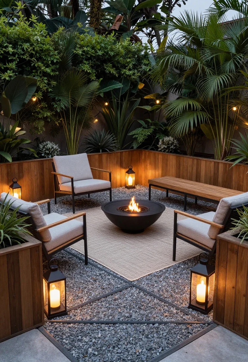Medium shot of a low-lift entertaining zone: a compact gravel patio with square pavers creating a grid, bordered by tall planters to define the footprint. Comfy mixed seating—two lounge chairs plus a wood-and-metal bench—arranged around a portable fire bowl. A weatherproof outdoor rug anchors the space; lanterns and string lights introduce warm evening ambiance. Dusk lighting with gentle glow on textures of gravel, wood, and fabric.