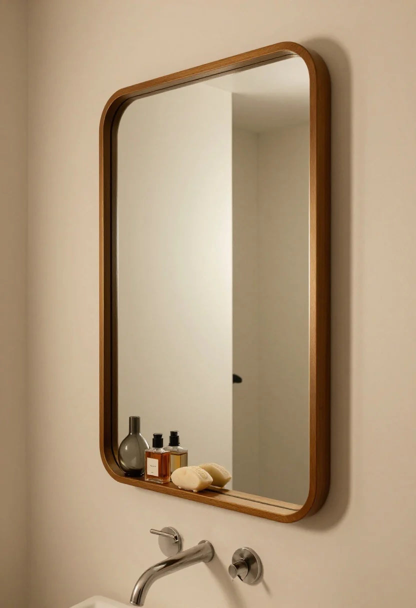 Medium shot of a small bathroom wall focusing on a statement mirror: a large, pill-shaped framed mirror with a slim warm wood or brushed brass edge, slightly oversized to visually expand the room. The mirror includes a narrow integrated shelf holding a bud vase, a small perfume bottle, and a sculptural soap. Coordinate the mirror finish with either the faucet or sconces visible in frame for cohesion. Soft warm lighting, light walls, and subtle reflections to show depth and personality.