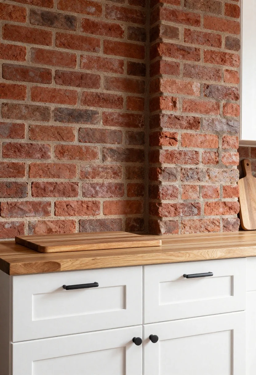 Medium shot of a thin-brick veneer backsplash in warm red-brown tones, lightly limewashed for a softened, aged effect; black hardware on white shaker cabinets for casually industrial vibe; sealed surface to reduce dust; grout lines kept tight for urban loft feel; a reclaimed wood cutting board adds warmth; warm ambient lighting, three-quarter corner angle