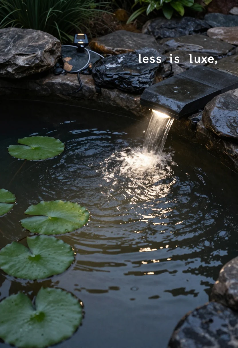 Medium shot of a tranquil garden pond and small spillway at night, with shimmer and sparkle: one soft waterproof spotlight grazing across the water surface from the side to reveal ripples, plus a single submersible IP68-rated light tucked under the spillway lip; emphasize “less is luxe,” avoiding overlit aquarium look; textures: wet river stones, lily pads, gentle ripple patterns; low-voltage, outdoor-rated fixtures with discreet cabling; perspective: straight-on eye level to catch reflections and moving highlights on the water, photorealistic.