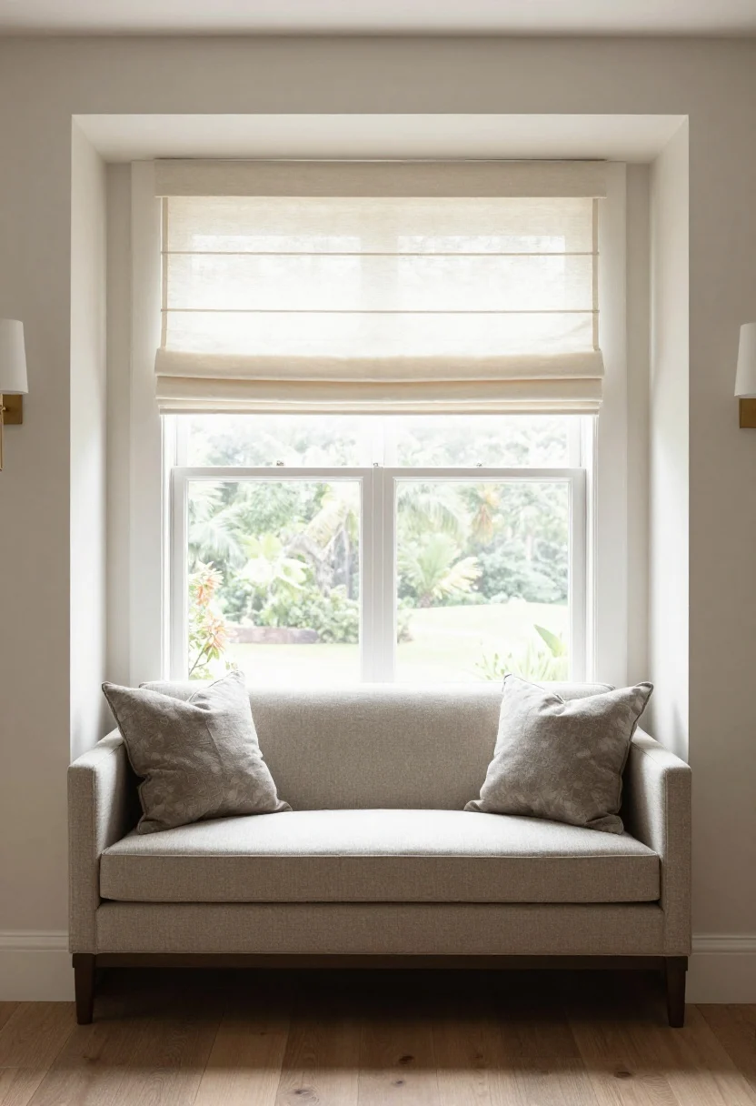Medium shot of a window nook placement: a low-back sofa positioned 3 inches below the white-painted window sill; drapery hung high and wide so panels clear the sofa arms; wall-mount sconces and a compact cordless roman shade preserve the view; natural light pouring over the sofa back, airy apartment vibe, straight-on view highlighting the built-in feel