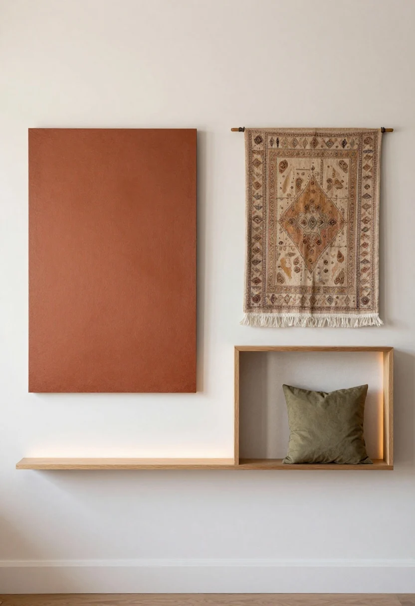 Medium shot of an art-focused wall that sets mood: one large-scale artwork with mid-intensity hues (terracotta, camel, blush, olive, ochre) and good contrast, flanked by a pair of LED backlit floating shelves creating a soft gallery glow. Add a greige accent on adjacent textiles (a vintage kilim or textured tapestry hung as wall art) to add dimension without absorbing light. Overall palette repeats three colors across accessories for cohesion under warm ambient lighting.