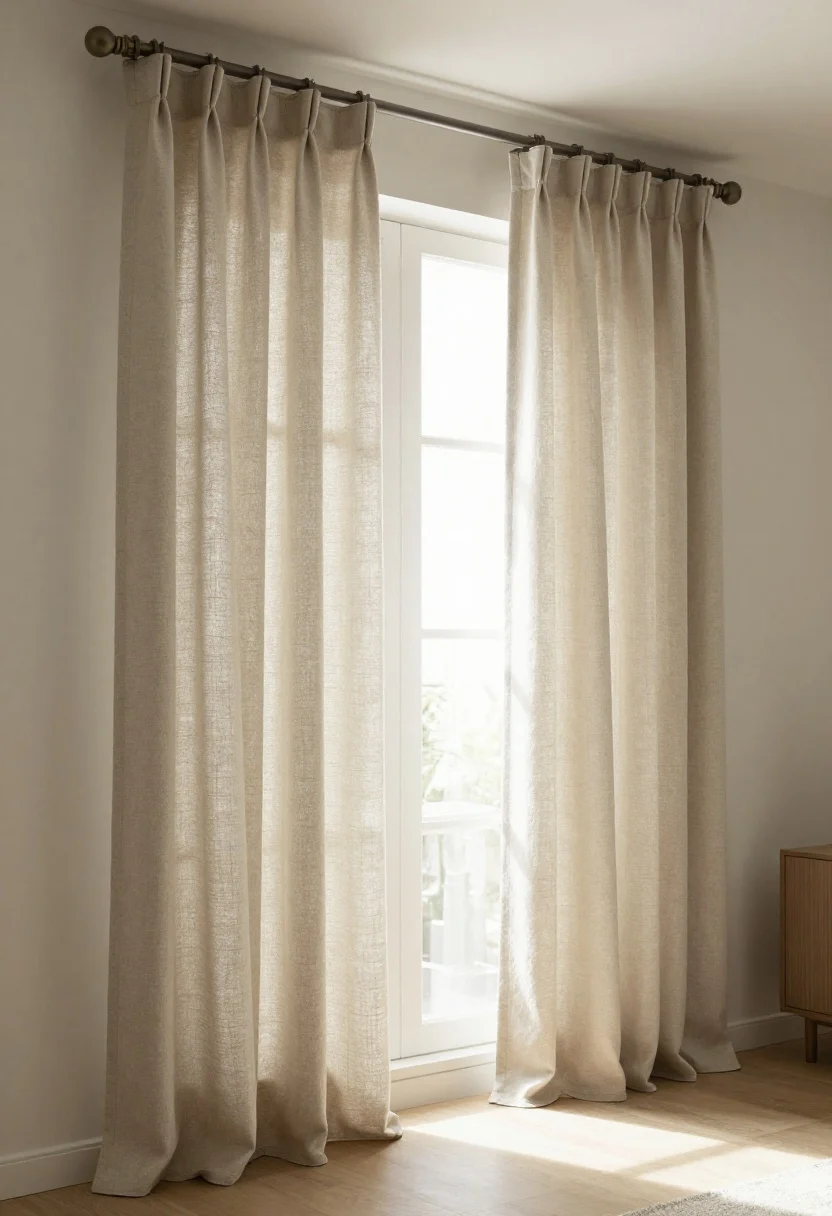 Medium shot, straight-on: Elegant window treatment “couture”—linen-blend curtain panels mounted 10 inches above the frame and extending 8 inches past each side, floor-kissing length, doubled panels per side for fullness on a matte metal rod with real finials. Daylight filtering softly through the fabric; blackout/back-tab construction visible in gentle pleats; a simple, modern living room context kept minimal to highlight the drapery upgrade.