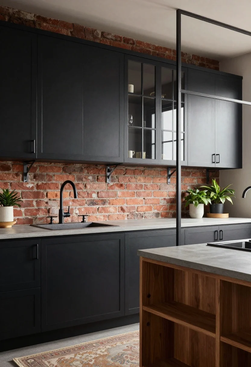 Medium, slightly low-angle view of an industrial kitchen wall: black shaker cabinets, exposed red brick backsplash, matte black faucet, and steel accents like metal shelf brackets; a section of grid glass cabinet doors and a slim steel-framed partition; wood open shelving with a few plants to soften the look; honed concrete-look countertop; vintage rug grounding the scene; moody, directional lighting with warm highlights on texture.