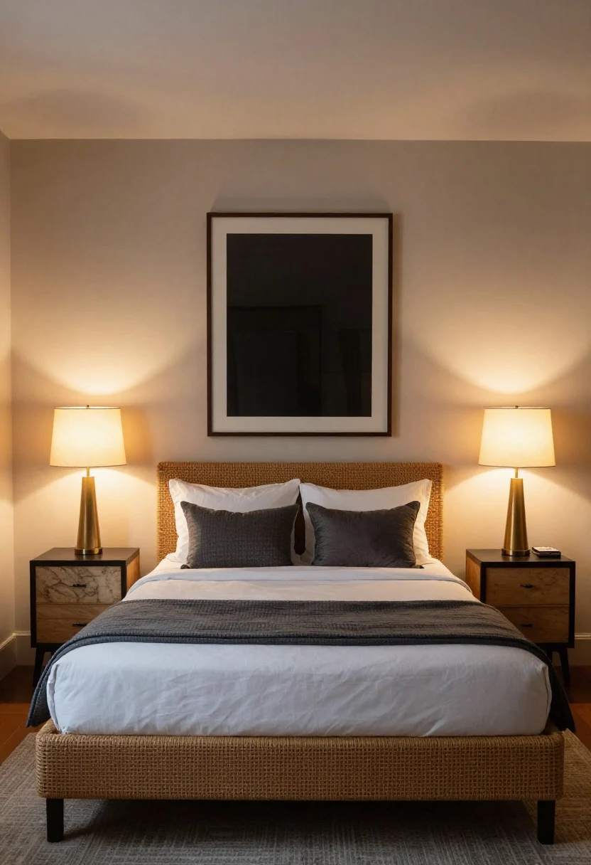Medium, straight-on shot focusing on symmetry: substantial matching nightstands (24–28 inches high, closed storage) flanking the bed, with tall statement lamps (26–30 inches) that rise visually behind the pillows. Above each nightstand hangs a matching artwork centered to form an invisible rectangle framing the bed. Repeated materials like brass lamp bases and marble or rattan details tie the wall together. Warm, dimmable lighting from lamps for evening ambience; bed looks nestled with no headboard required.