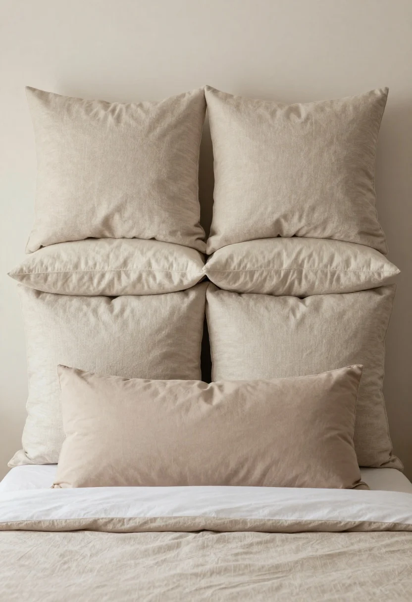 Medium, straight-on shot of a bed styled as a plush “headboard” using layered pillows. Back row: two 26x26 Euro shams (for a queen) in a textured neutral fabric; middle row: matching standard shams coordinated with the sheet or quilt; front row: a single oversized lumbar pillow (14x36) in a calm, tonal color palette like warm beige and soft taupe. Emphasize height and depth of the stack, no headboard visible. Soft morning light; tight palette feels intentional, minimal accessories, smooth linen duvet, focus on the sculptural pillow layering.