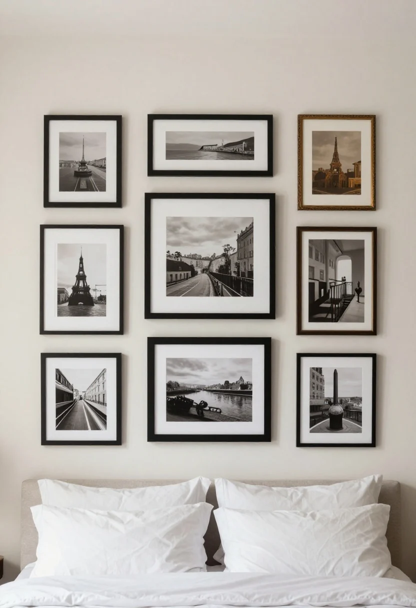 Medium, straight-on shot of a tightly composed mini gallery wall above a headboard-free bed. The lowest frames align about 8 inches above the pillows, with 5–7 pieces total. Two style options within the same composition: a modern set with black frames and black-and-white prints, or a collected look with mismatched vintage frames and varied art. One slightly larger piece anchors the center-top; smaller pieces cascade outward. Soft, even light; neutral bedding keeps focus on the arrangement.