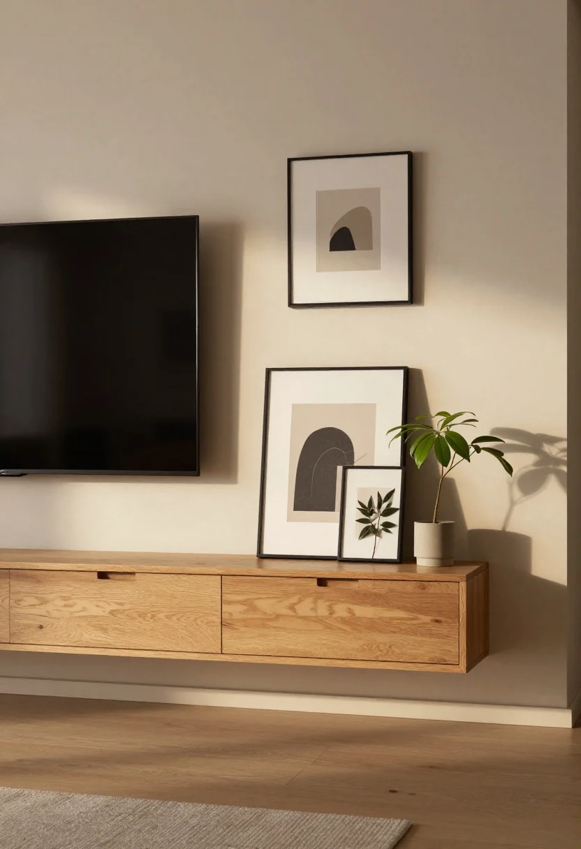 Medium-wide corner angle showing a floating media ledge spanning the wall at 18 inches high, handleless drawers in light oak, matte plaster wall above with the TV floating; a few framed art prints and a trailing plant soften the tech; subtle black hardware accents, airy minimalist vibe, warm neutral palette, evening ambient glow from the room with soft shadows, photorealistic.