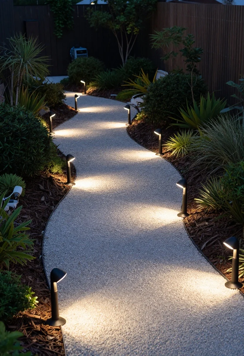 Nighttime medium shot of a gently curving garden path lit with low, warm white path lights (2700K–3000K) on short stakes, staggered on alternating sides so the light overlaps softly without glare; fixtures aimed downward, creating a refined, cozy glow that guides feet; include low-voltage transformer housing discreetly tucked near shrubs; avoid harsh hotspots or runway symmetry; textures: crushed gravel path, mulched planting beds, bronze or black metal fixtures; perspective: eye-level along the path, slight corner angle for depth, no people, photorealistic.