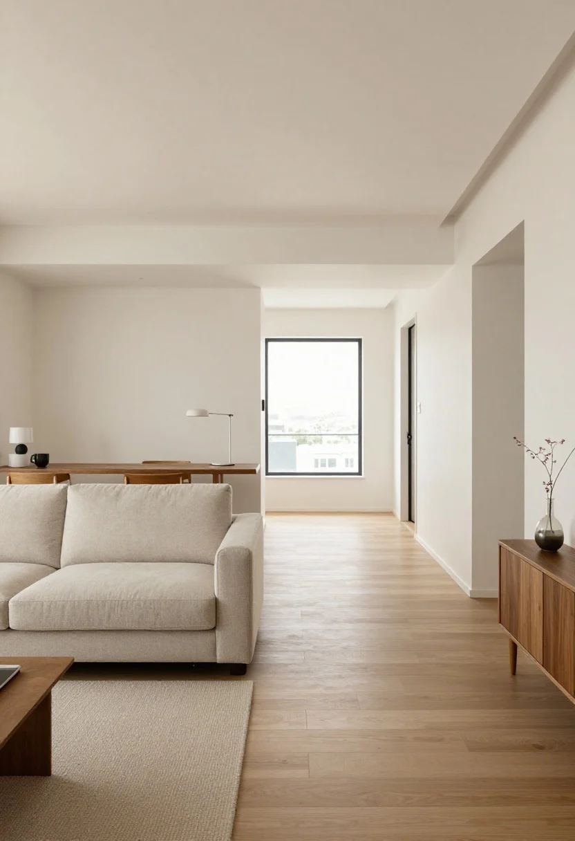 Open-concept apartment wide shot: a low to mid-back sofa used as a room divider, back facing a compact dining area while the front faces the living zone; a narrow console table behind the sofa with a slim task lamp, defining two clear pathways along the edges; balanced traffic flow, unobstructed sightlines, clean and breezy vibe, overhead/three-quarter angle to show both zones