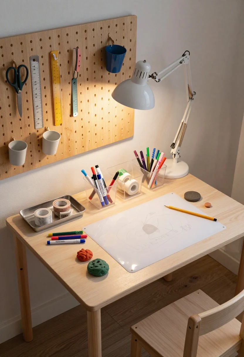Overhead detail shot: A mini maker space tabletop with a washable vinyl mat, clear bins neatly containing markers, washi tape, and clay, plus a metal tray corralling supplies for easy cleanup; a pegboard mounted on the wall edge of the frame holds scissors, rulers, and small cups; kid-height furniture visible—compact table and chair legs in natural wood; a swing-arm task lamp casts focused, bright light across the workspace; crisp, photorealistic textures of plastic bins, paper, and wood grain.