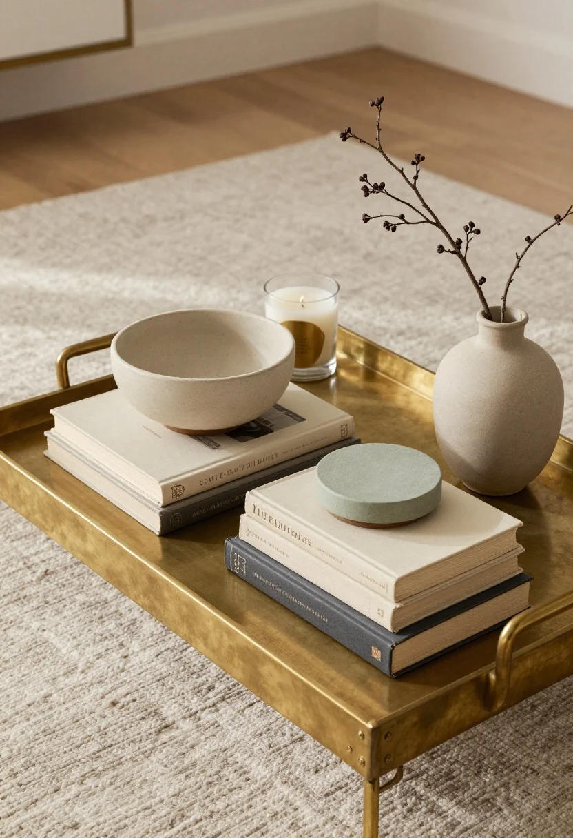Overhead detail shot: Intentional coffee table vignette—items corralled on a brass or aged-metal tray; two coordinated book stacks (spines in cream, charcoal, and muted sage), a low ceramic bowl, a glass candle, a small branch clipping in a bud vase, and a meaningful thrifted ceramic object. The arrangement follows the varied Rule of Three (tall + round + flat), on a textured rug, with gentle daylight highlighting polished and matte surfaces.