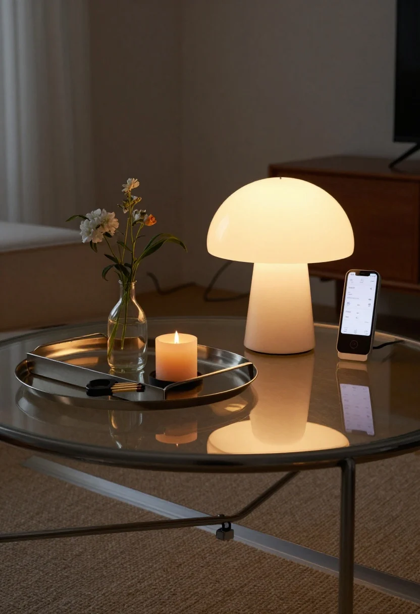 Overhead detail shot of a styled coffee table metal tray reflecting warm evening light: a candle, match striker, and a small floral stem arranged neatly, with visible cord management running along the baseboard via adhesive raceways in the background. Scene includes a sculptural statement lamp (mushroom or arc) nearby, smart bulbs set to a warm evening scene (2700–3000K) with consistent color temperature across lamps. Subtle diffuser and minimalist remote/smart hub hint at schedules and scenes without clutter.