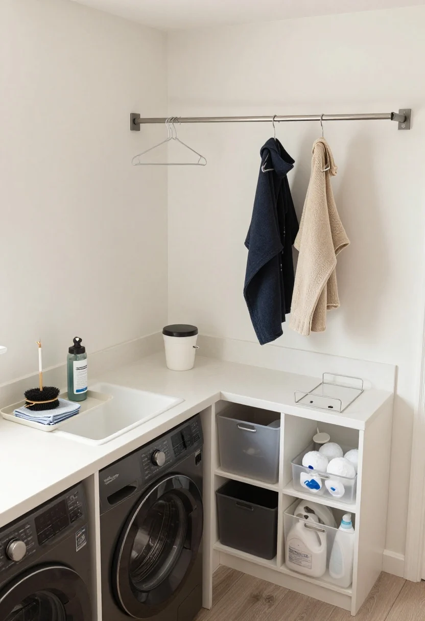 Overhead shot: A clearly zoned laundry workspace mapped on a single counter and wall—prep zone with a small sink or wash tub, stain remover and scrub brush on a tray with microfiber cloths; wash/dry zone nearby with detergent, softener, dryer balls, and a small lidded lint bin; hang/dry zone with a tension rod holding slim hangers; fold zone on a clear counter with a small caddy for lost-and-found items; store zone up high with labeled modular bins for bulk goods; cohesive color palette (whites, oatmeal, black); bright, even task lighting for a purposeful, organized mood.