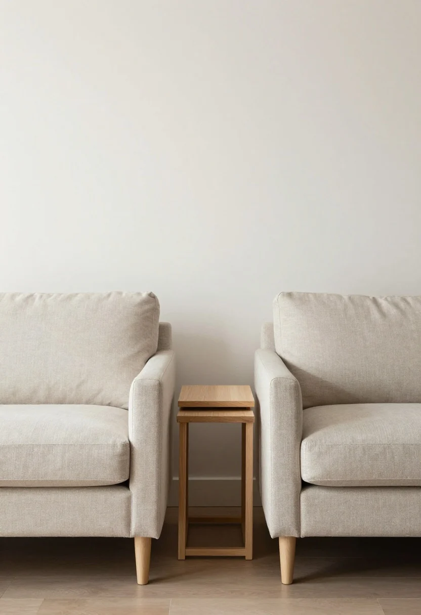 Pair of petite sofas instead of one: two compact sofas facing each other with matching seat and arm heights, forming an open center; a small nesting side table between one end, negative space clearly visible around and between pieces; light fabrics and slim legs for visual lift; wide, symmetrical shot, bright neutral palette, no people