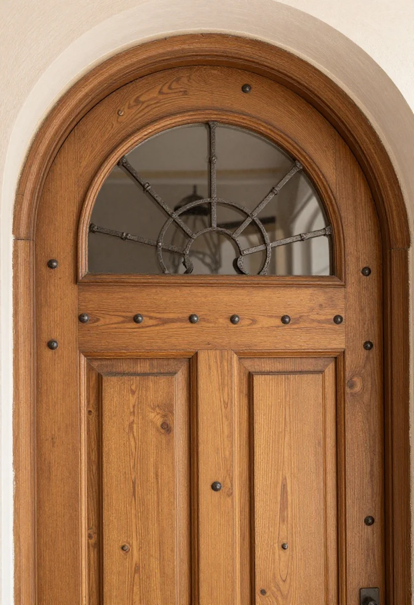 Photorealistic closeup/detail shot of a solid oak front door with an arched top, hand-forged iron clavos (decorative nailheads), and a small speakeasy window with an iron grille; visible wood grain and time-worn patina; chunky header above; shallow depth of field highlighting the iron’s hand-worked texture; warm natural daylight grazing across the surface; slight corner angle for depth