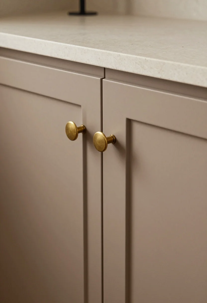 Photorealistic closeup detail shot of warm taupe slab cabinet doors with Euro-chic flair, fluted panel detail on a nearby drawer, slim edge pulls, adjacent honed travertine or soapstone countertop with soft, matte texture; mixed metals in frame—brass knob and a black sconce—captured under warm, diffused lighting for quiet luxury.