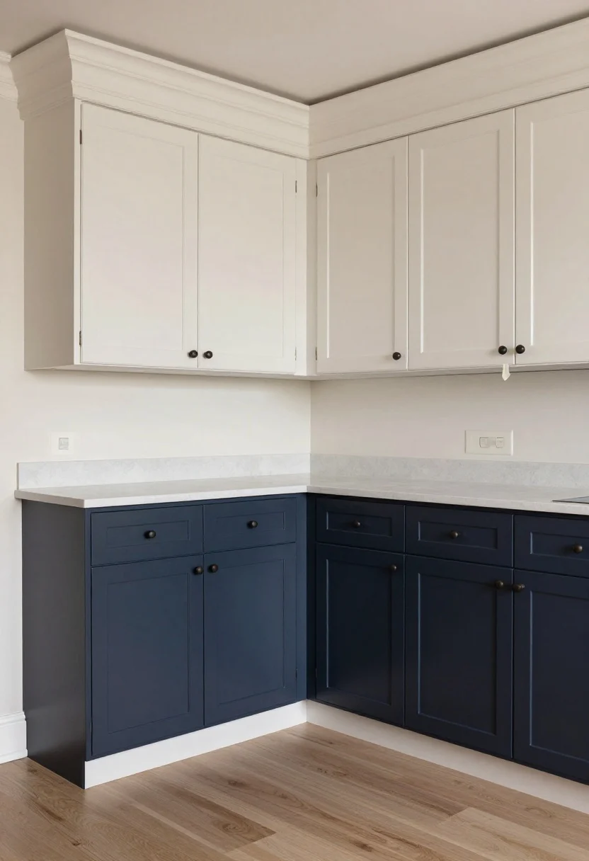 Photorealistic corner-angle medium shot showing two-tone cabinetry: light upper cabinets and darker lower cabinets, the island repeating the darker color for cohesion; consistent countertop material throughout, matching hardware on all doors and drawers, painter’s-tape-straight paint lines; balanced lighting that draws the eye upward for visual height while lowers feel anchored.
