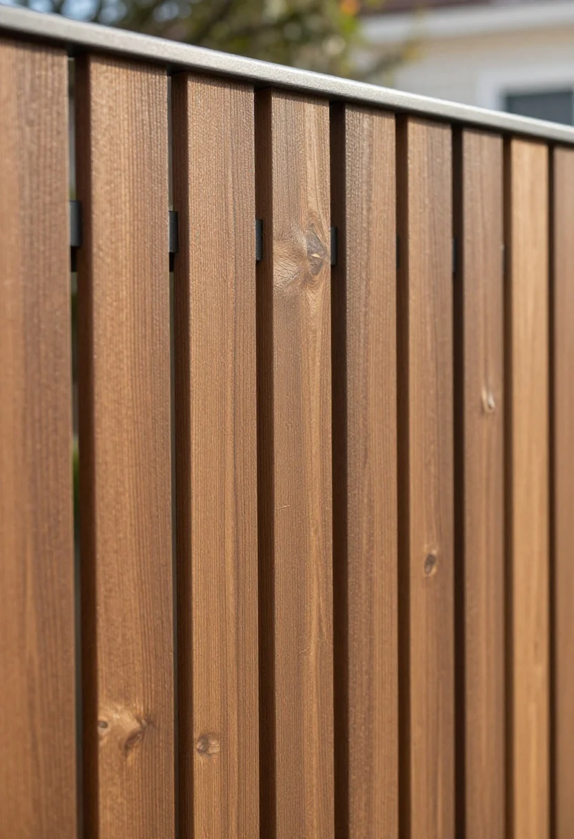 Photorealistic detail closeup, straight-on: vertical batten wood fence with 3–5 inch medium-brown stained boards, separated by slim 1/2–1 inch matte metal inlays (aluminum or steel) acting as refined accents; capture the height-enhancing vertical rhythm and the subtle shadow play between battens; align battens visually with architectural lines of a nearby front door sidelight in soft background bokeh; neutral medium-brown stain highlighting grain, satin sheen on metal; bright morning light raking across the surface to emphasize depth; no people.