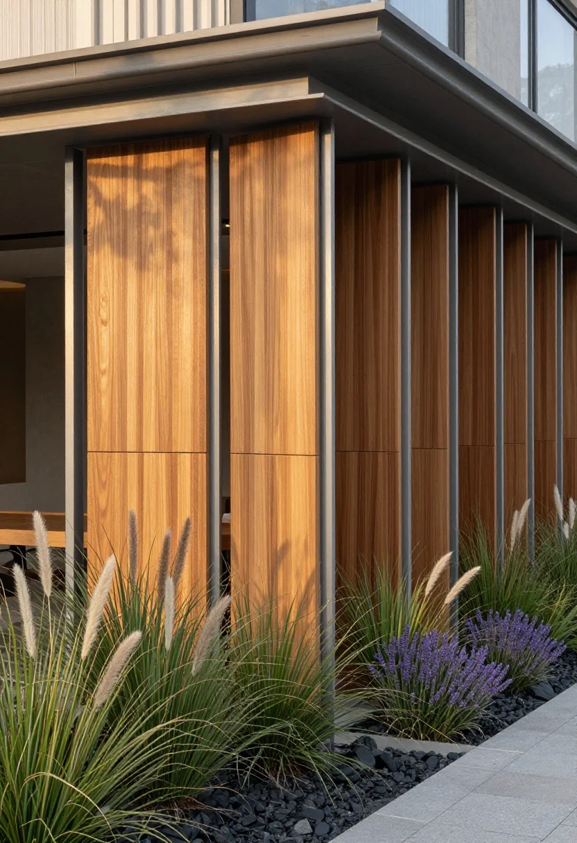 Photorealistic detail-to-medium shot from a low corner perspective: staggered warm wood screens set in slim steel U-channels, panels offset by 6–12 inches to create layered depth and street-facing intrigue; consistent spacing between screens; foreground landscaping layered with feather reed grass, lavender, and black river rock providing a curated, plant-friendly backdrop; late golden-hour side light accentuating layers and textures of wood, steel, and plant forms; clean modern curb line; no people.