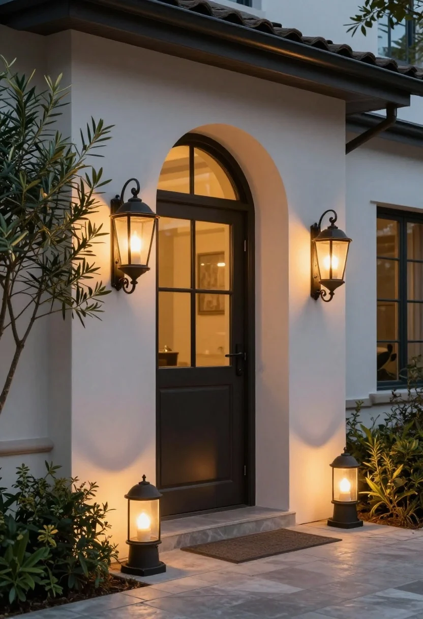 Photorealistic evening exterior shot showing warm lighting: wrought-iron sconces with frosted glass flanking the doorway, an overhead lantern under a shallow arch, and low path lights guiding to the entry; bulbs at 2700K–3000K creating a candlelit glow; dimmer/timer effect as dusk settles; optional subtle uplight on a nearby olive tree for a designer finish; straight-on view to capture the welcoming ambiance