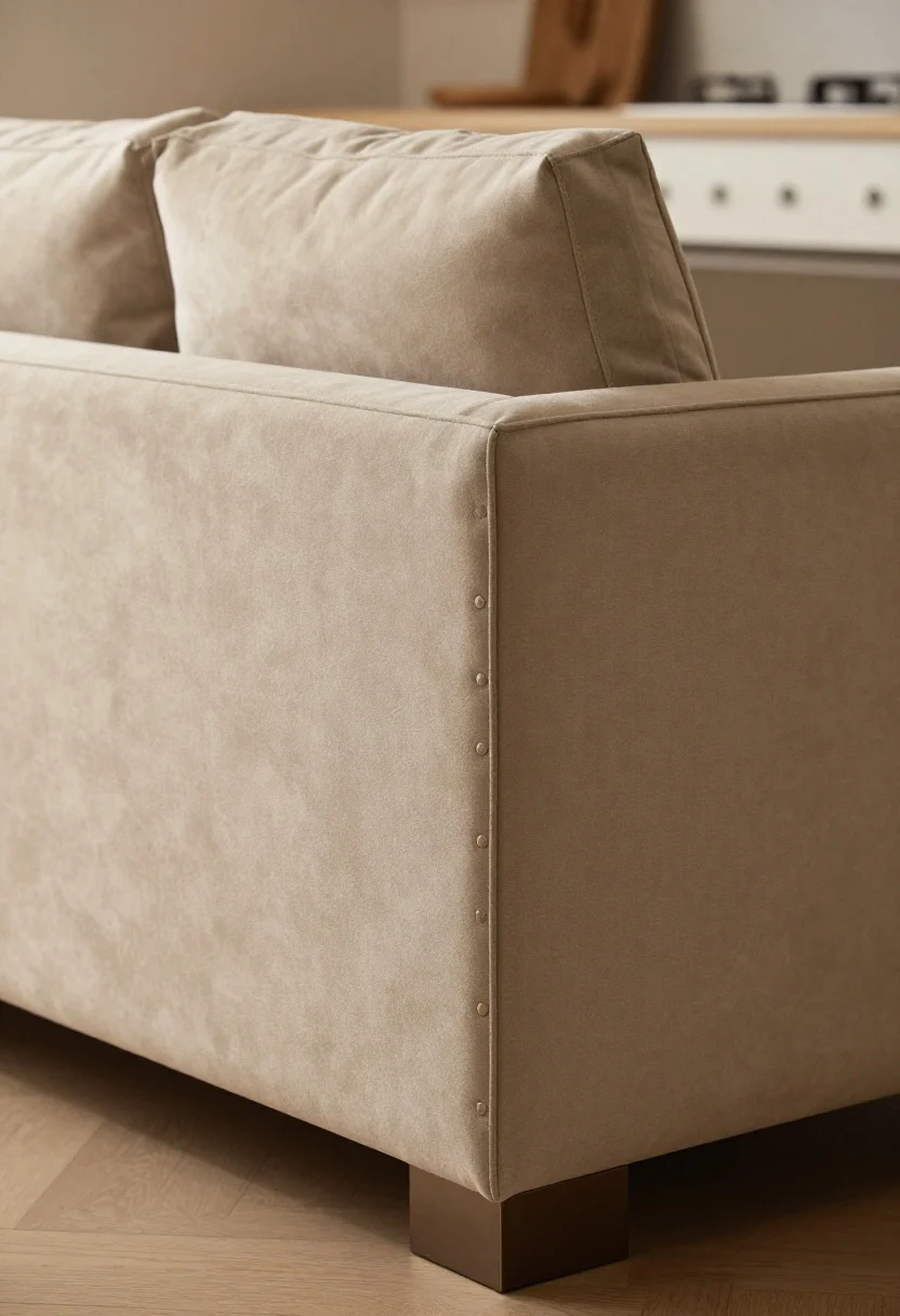 Photorealistic medium closeup of an upholstered kitchen island back panel you can lean on: channel-tufted performance fabric in a neutral taupe or marine vinyl in warm cognac, with a thin foam and batting layer for soft give; framed upholstery panels for a tailored look; protective lower kick rail in wood or metal to guard against scuffs; subtle decorative upholstery nails along the frame; soft, warm evening lighting for a plush mood; slight side angle to reveal tuft depth and stitching detail.
