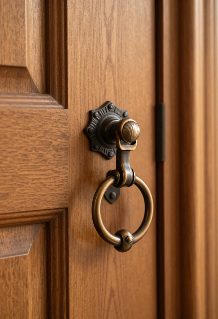 Photorealistic medium shot focusing on upgraded hardware: a chunky ring pull and substantial handle set in oil-rubbed bronze with decorative backplates, visible strap hinges in matte black iron, and a classic seashell door knocker; mixed profiles but unified finish with aged patina; shallow depth of field isolates the hardware against a warm wood door; late golden-hour light adds subtle drama; slightly off-center composition