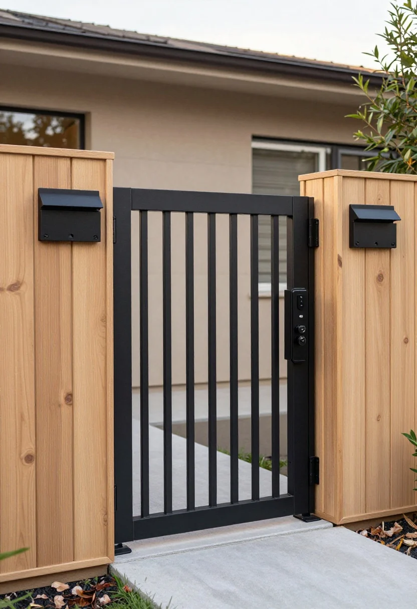 Photorealistic medium shot, head-on: a full-height board-on-board wood fence offering complete privacy with clean modern lines, featuring an integrated metal entry gate as a statement piece—sleek pivot or sliding design in matte black with concealed hardware; gate plane uninterrupted, minimal seam lines, smart lock/keypad in matching metal finish; repeat finishes nearby with a coordinated metal mailbox and modern address plaque; balanced early evening lighting with subtle LED glow at the gate edge to hint functionality; no people.